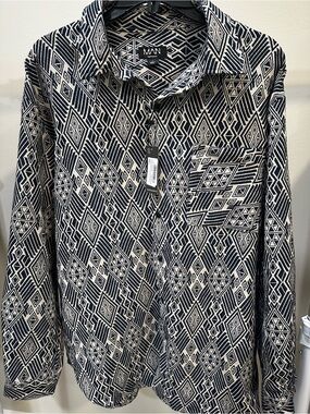 Black & Cream Geometric Long-Sleeve Over-Sized  Overshirt - NWT